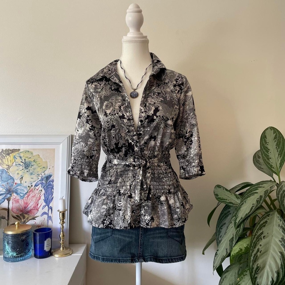Vintage Satin Floral Button Up Blouse Tie Up Black/Silver Womens Sz L Academia